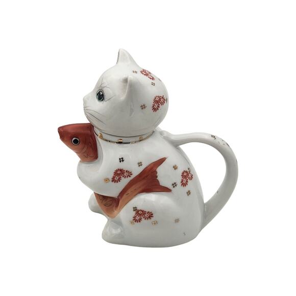 Chinese Porcelain Cat Holding KOI Fish Creamer Pitcher Vintage - Picture 2 of 9